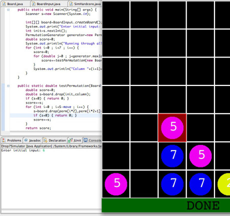 Eclipse showing the Java source for the board simulator and the permutation generator