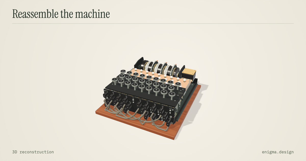 The reconstructed Enigma M3 with its covers removed to show the keyboard, lamps, rotor bank, and plugboard