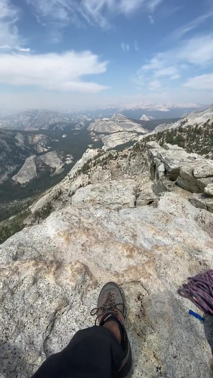 Summit view from Tenaya Peak, rope coiled on the rock