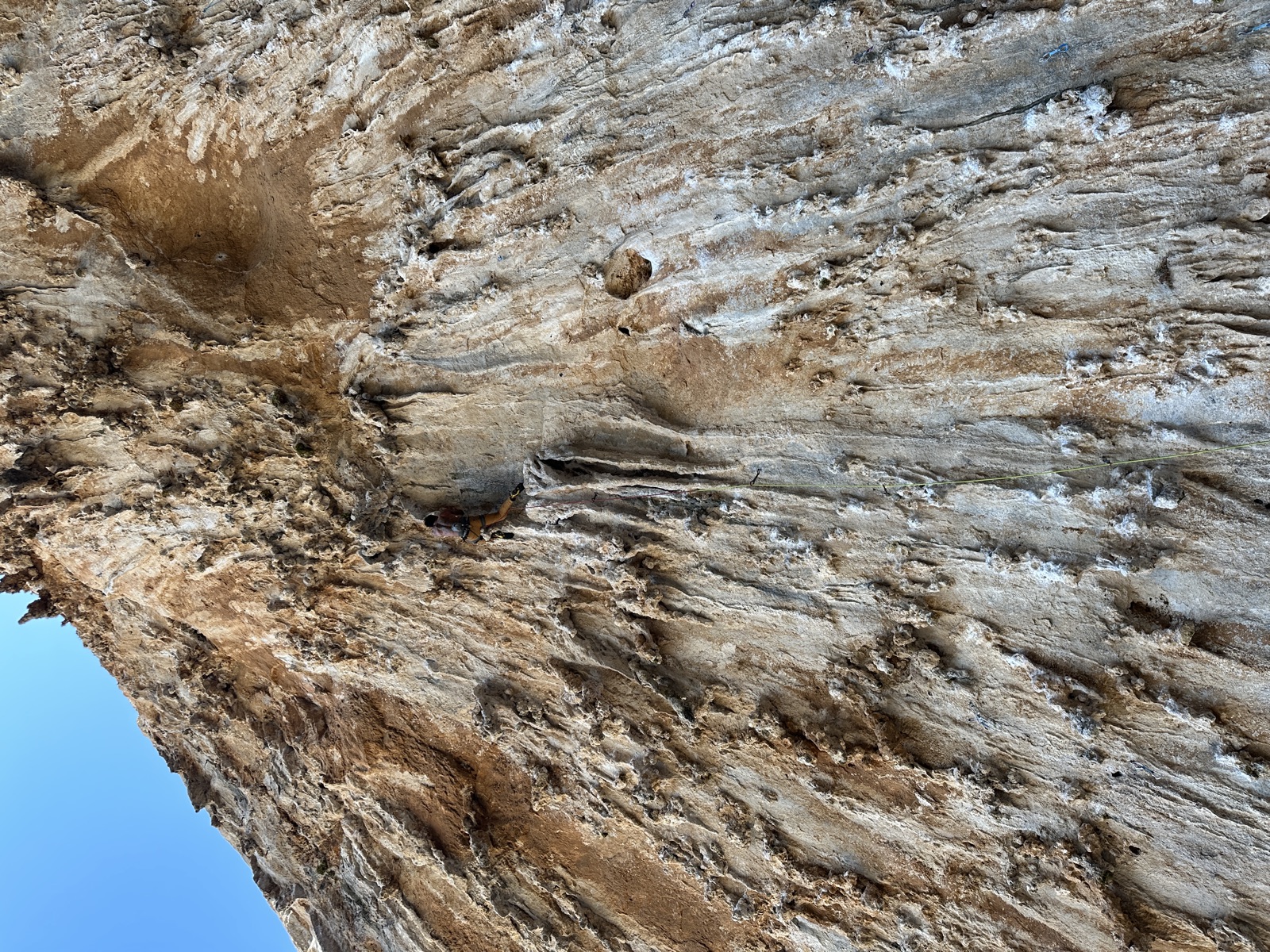 Looking straight up at a climber in the seat on DNA