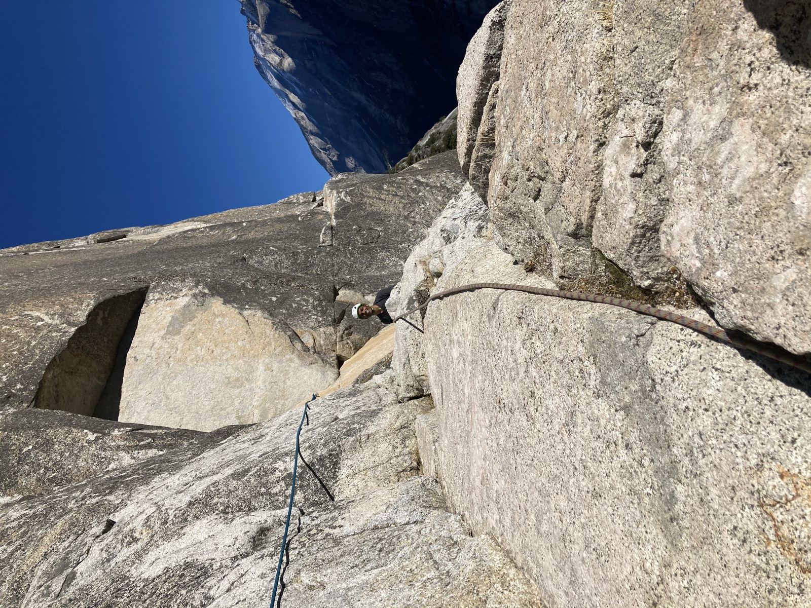A ledge on the Washington Column summit, with a portaledge below