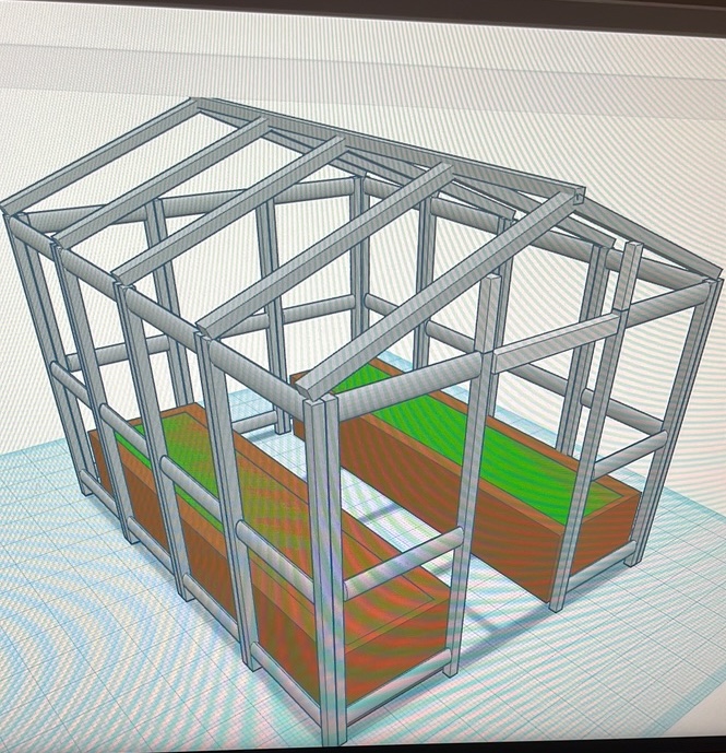 A CAD model of a small greenhouse frame with planter beds