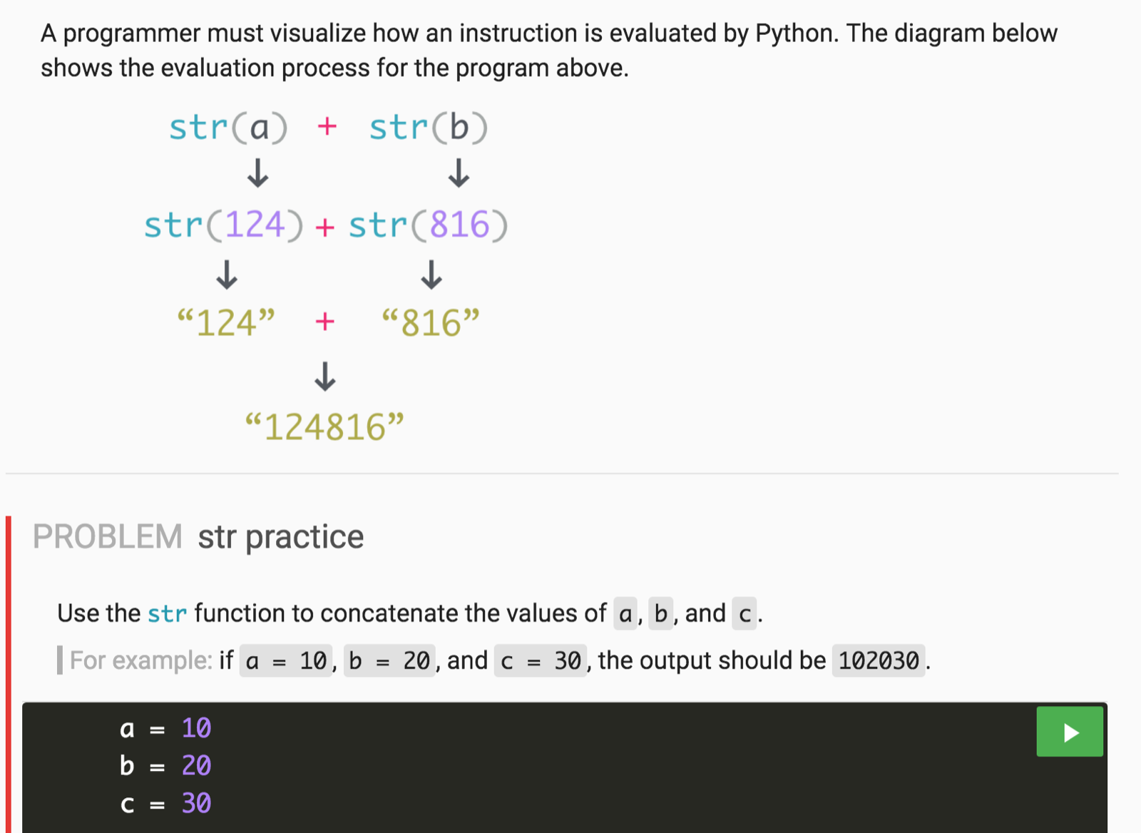A Pythonroom lesson diagram showing str(a) + str(b) evaluating step by step to a concatenated string
