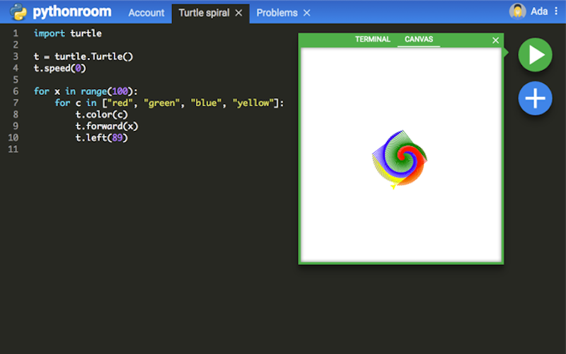 The Pythonroom editor with a turtle graphics program and a colorful spiral drawn on the canvas