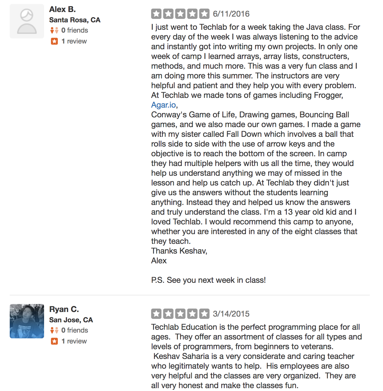 A screenshot of a Yelp review for TechLab