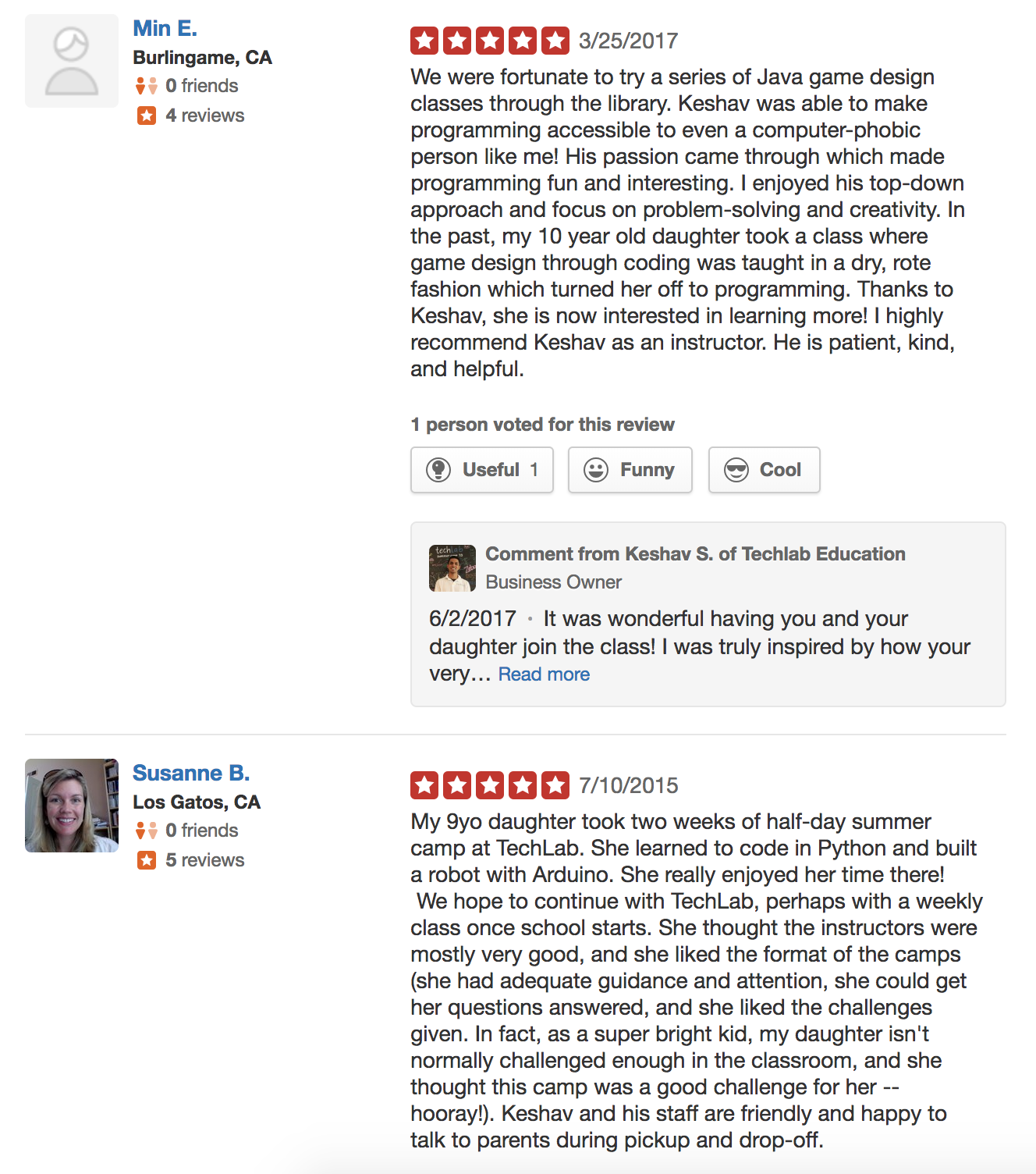 A screenshot of a Yelp review for TechLab