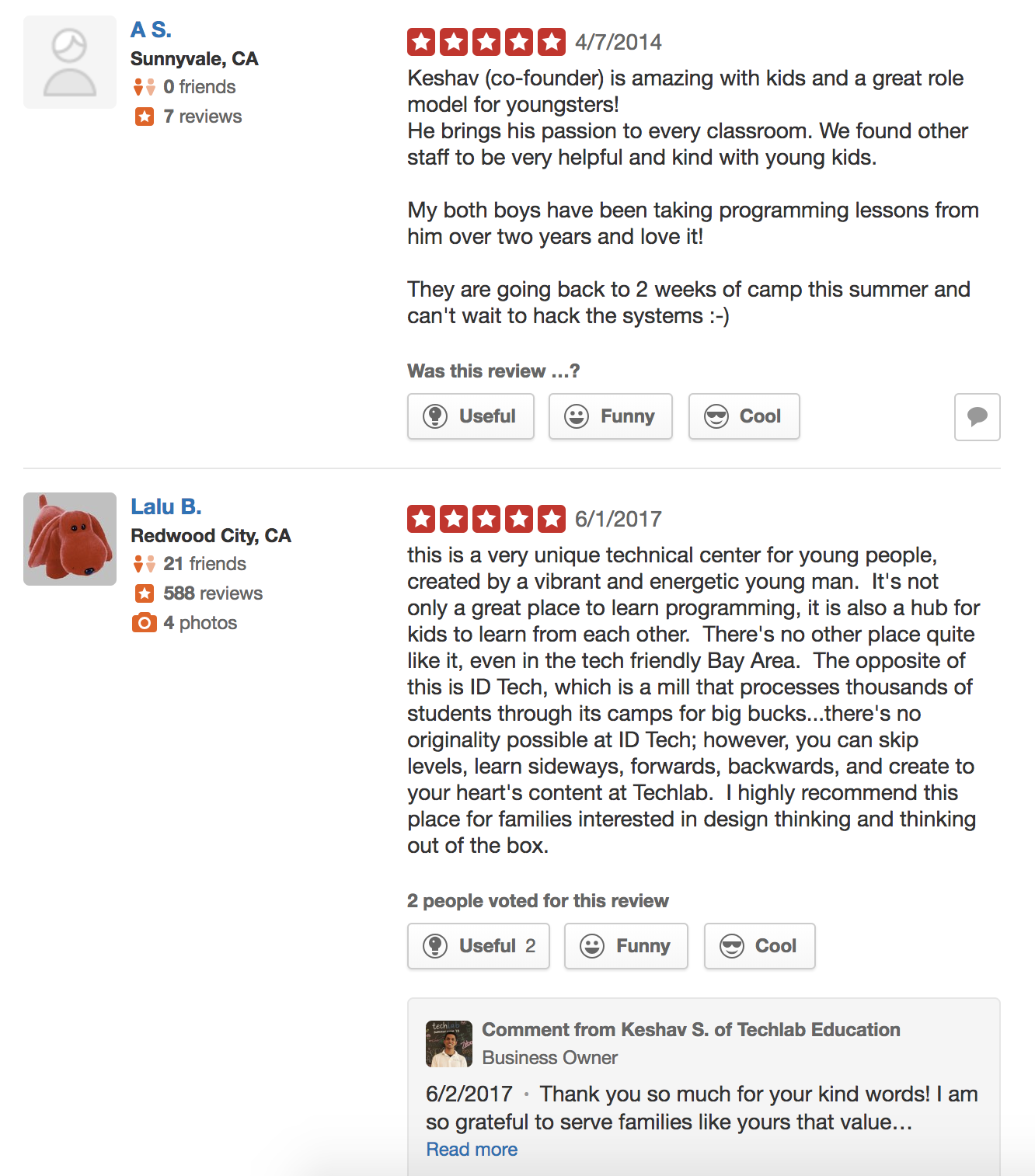 A screenshot of a Yelp review for TechLab